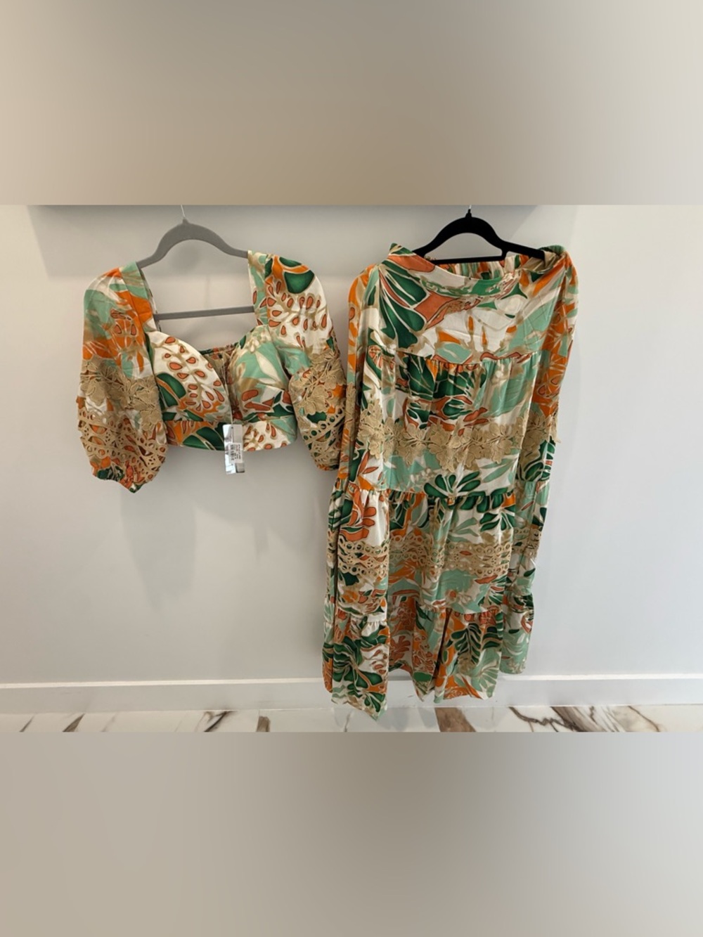 Tropical Print Two-Piece Set in Green and Orange
